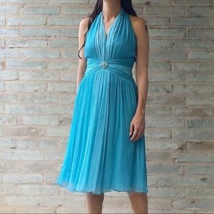 Maggy London Dress Blue Silk Chiffon Plisse Marilyn Halter Midi Cocktail Y2K
